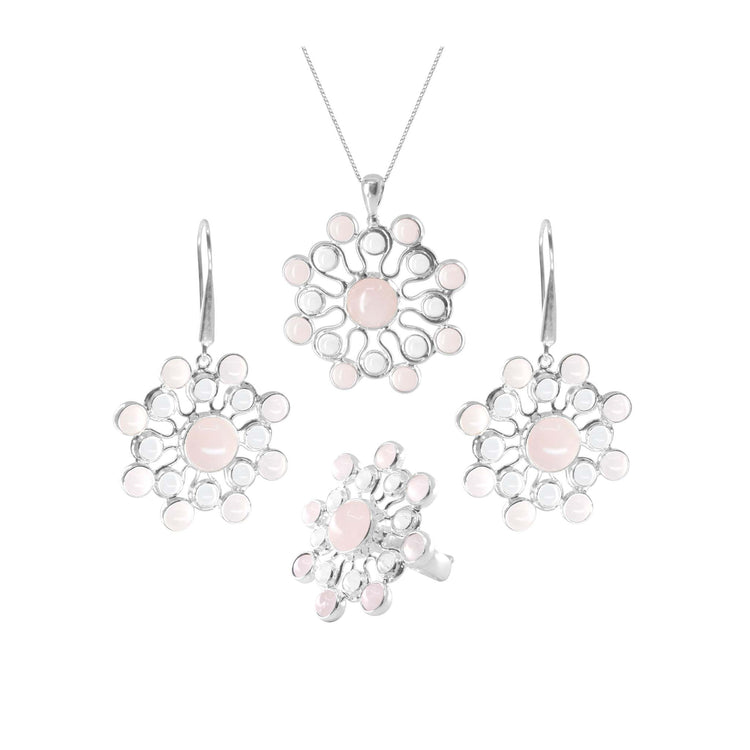 The Source of Love Ring by Kaora Sandara Jewelry features sterling silver 925 with crystal and rose quartz, creating a floral-inspired symbol of love.