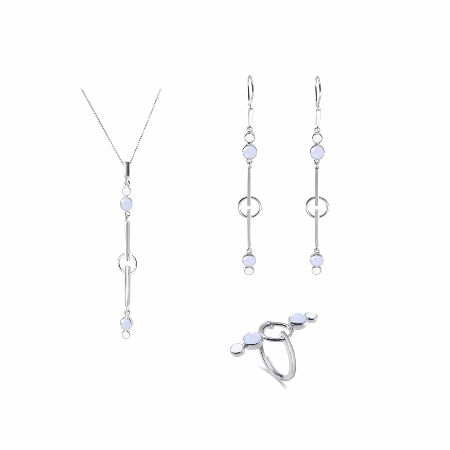The State Pendant sterling silver set by Kaora Sandara Jewelry features a necklace, drop earrings, and ring with crystal and light blue chalcedony in minimalist geometric designs for a serene look.