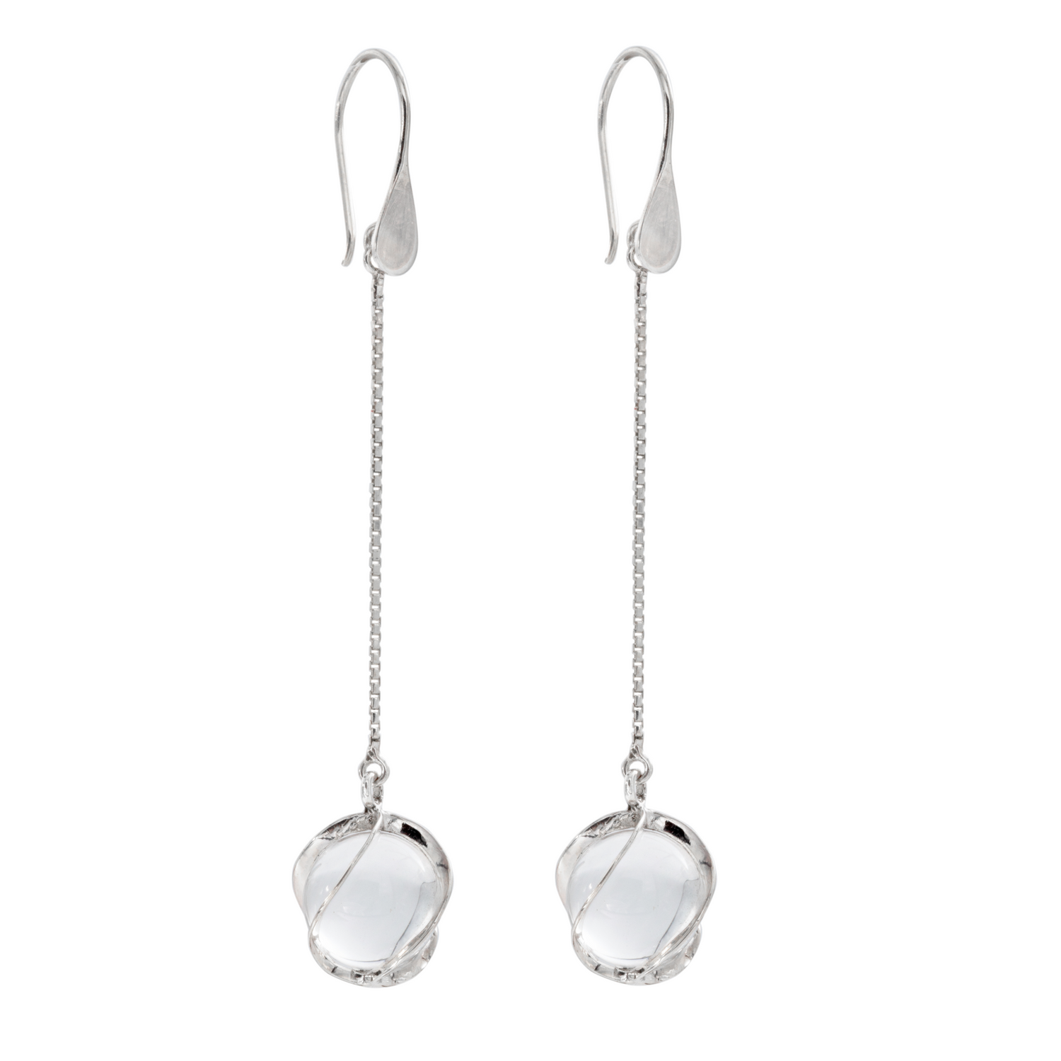 Kaora Sandara Jewelry's Silver Earhooks The Wave feature delicate chains and round crystal sphere gemstones in intricate sterling silver 925 settings, finished with simple, elegant hooks.