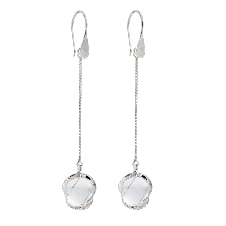Kaora Sandara Jewelry's Silver Earhooks The Wave feature delicate chains and round crystal sphere gemstones in intricate sterling silver 925 settings, finished with simple, elegant hooks.