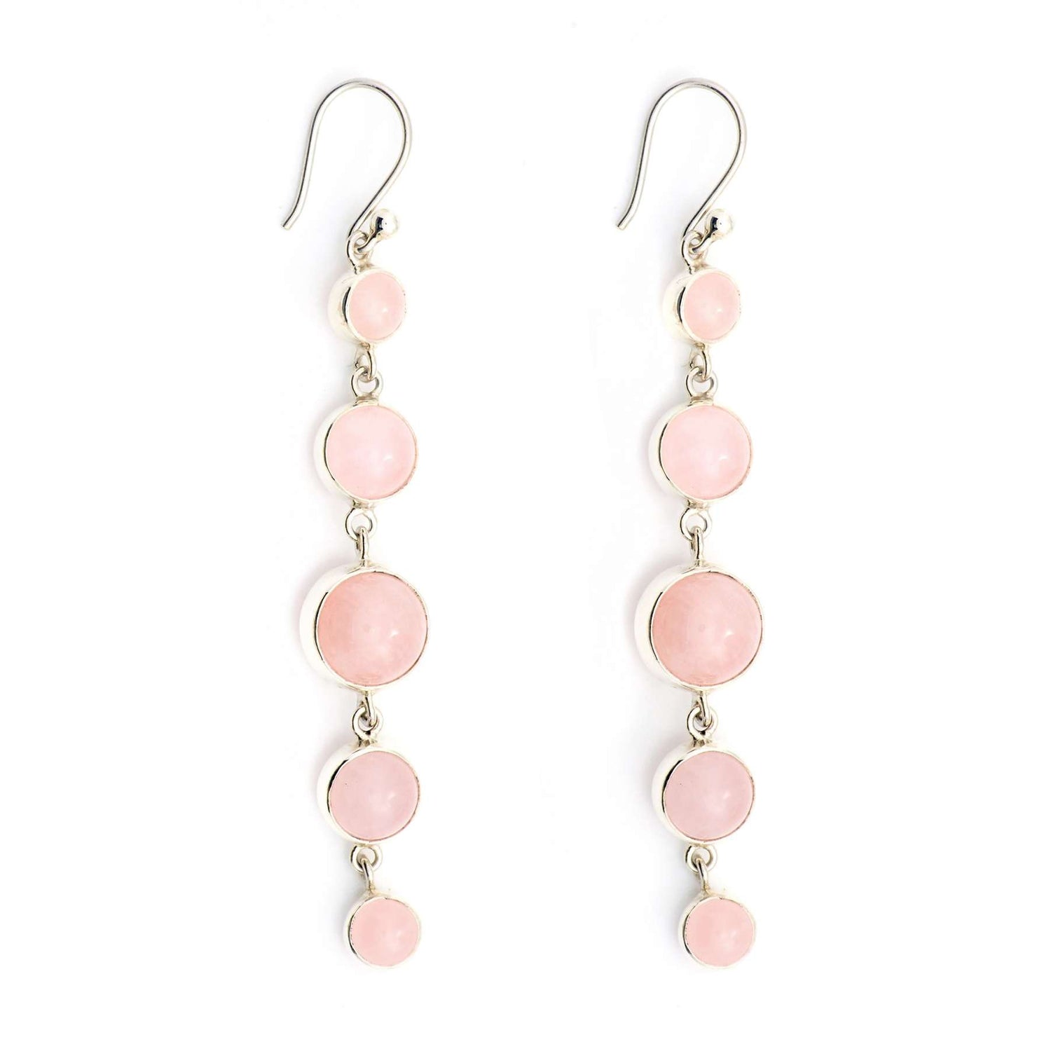 The Harmony Earhooks by Kaora Sandara Jewelry feature five round pale pink Rose Quartz gemstones set in sterling silver, arranged vertically from small to large to small, and finished with hooks for easy wear.