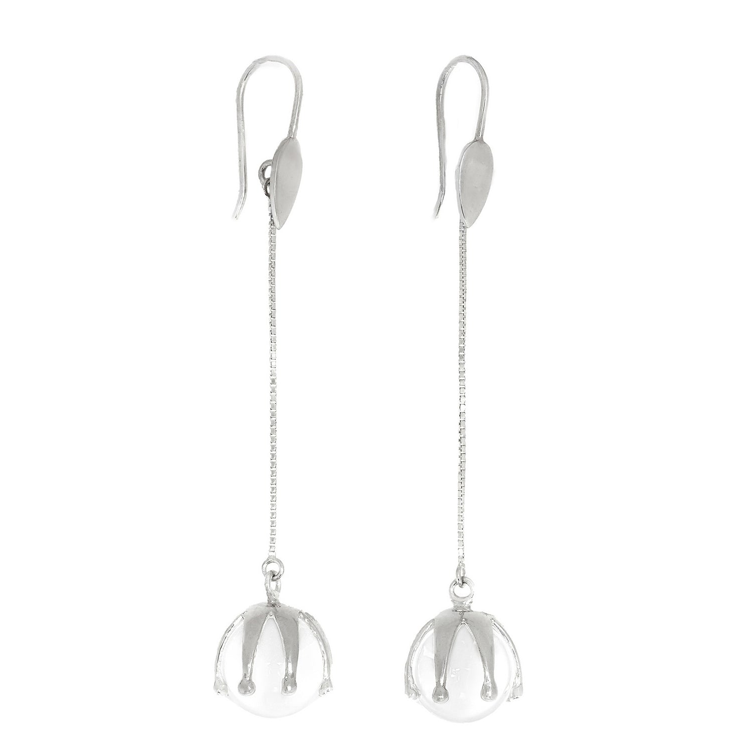 The I'M A Queen Earhooks by Kaora Sandara Jewelry are sterling silver drop earrings with delicate chains and three-prong-set crystal spheres, blending elegance and subtle healing properties.