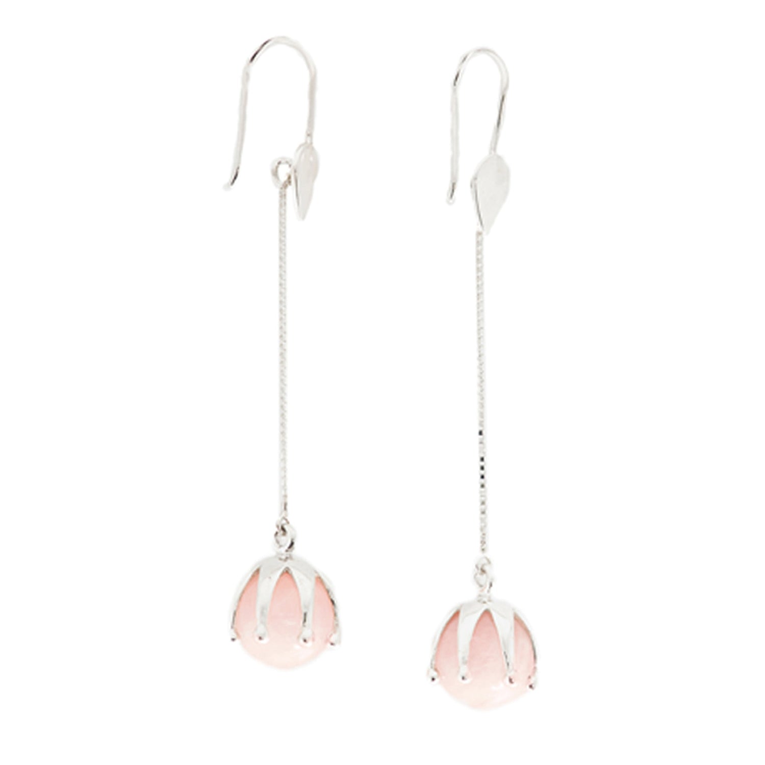 Kaora Sandara Jewelry's I'M A Queen Earhooks are sterling silver earrings with long, thin chains and round rose quartz stones in petal-shaped settings at the ends.