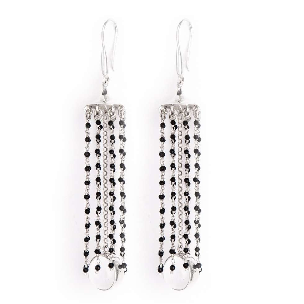 The Hidden Gem Earhooks by Kaora Sandara Jewelry feature long sterling silver 925 earrings with multiple strands of small black spinel beads and a single transparent crystal at the bottom, shown on a white background.