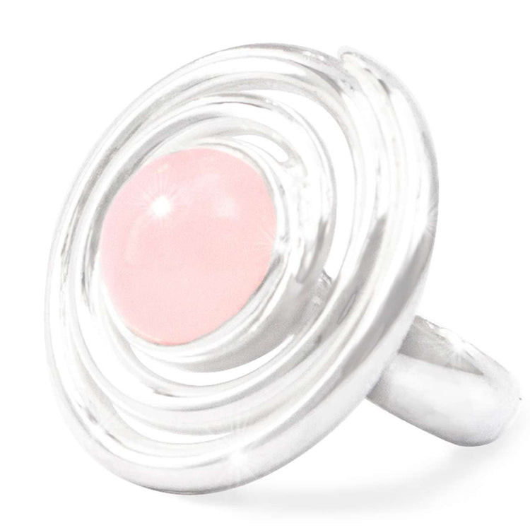 The Kaora Sandara Jewelry Silver Ring Open Spiral with Rose Quartz (Size M) features a round rose quartz center and modern spiral bands, symbolizing unconditional love.