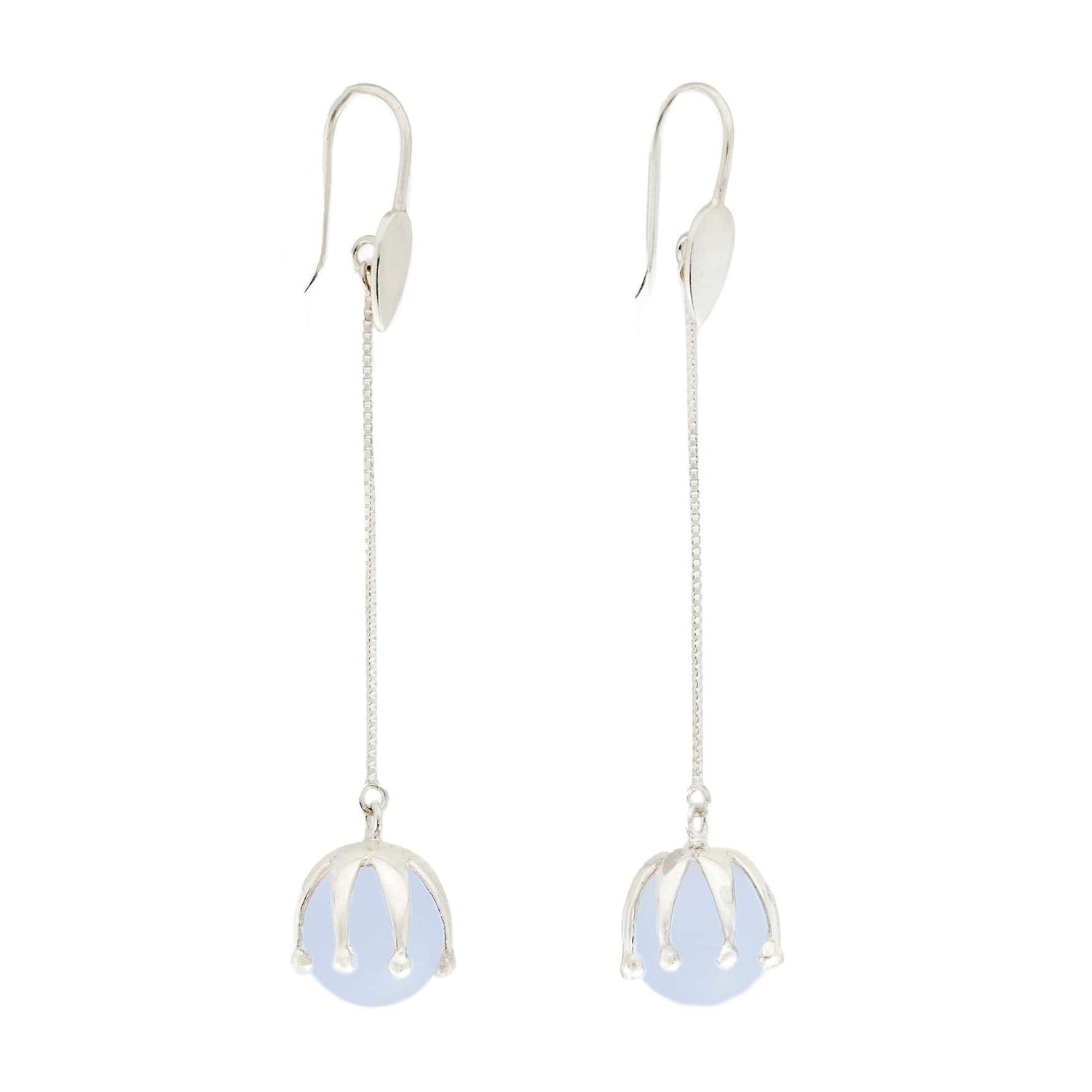 The I'M A Queen Earhooks by Kaora Sandara Jewelry feature slender sterling silver chains with round light blue chalcedony beads in crown-like settings—elegant gemstone earrings perfect for any occasion.